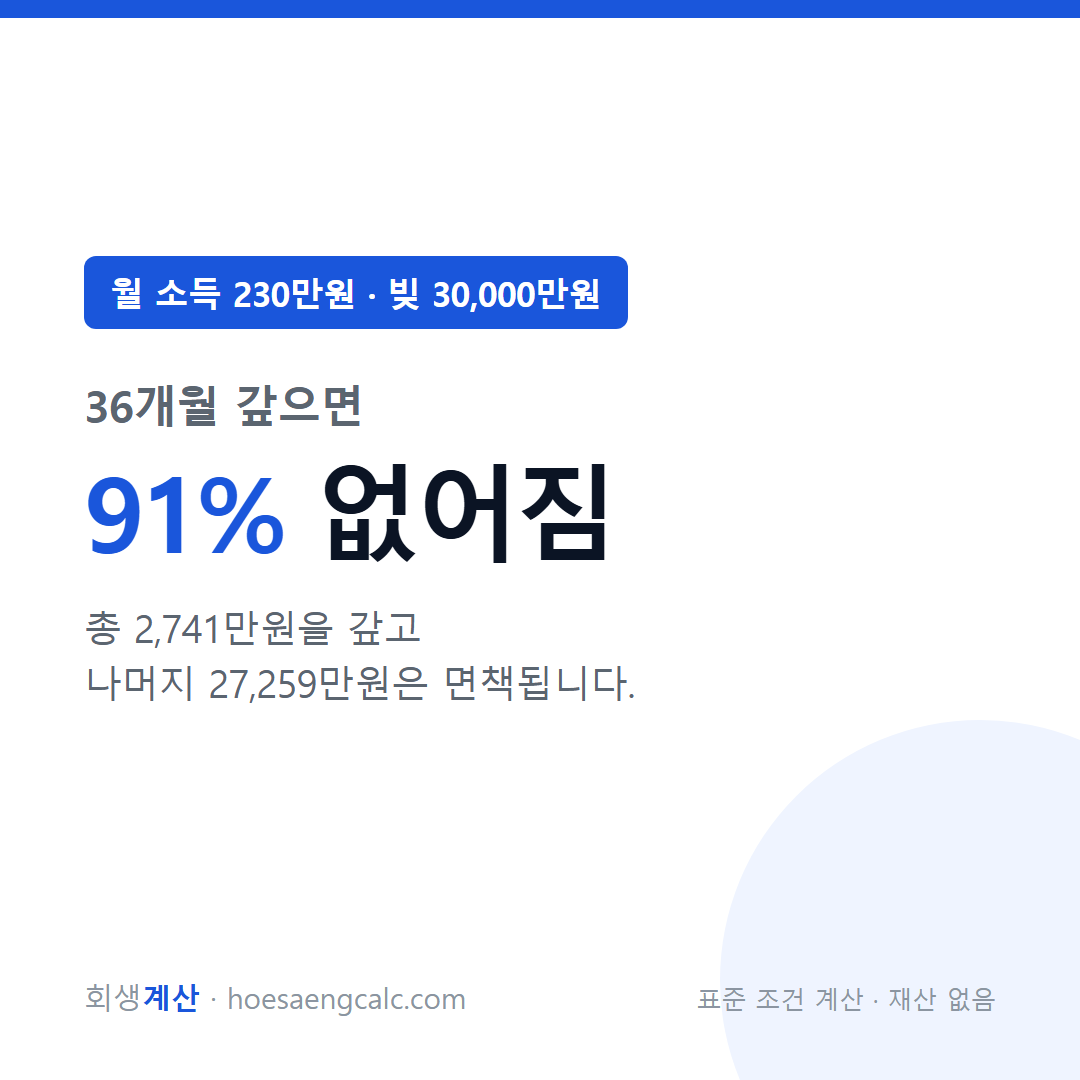 월 소득 230만원 빚 30000만원 개인회생 탕감률 — 표준 조건 계산