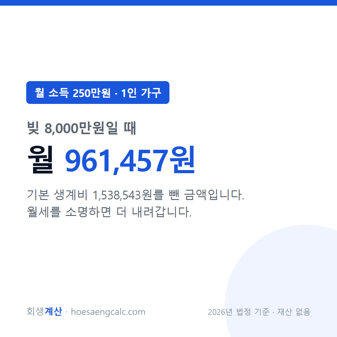 월 소득 250만원 빚 8000만원 개인회생 월 변제금 — 1인 가구 기준