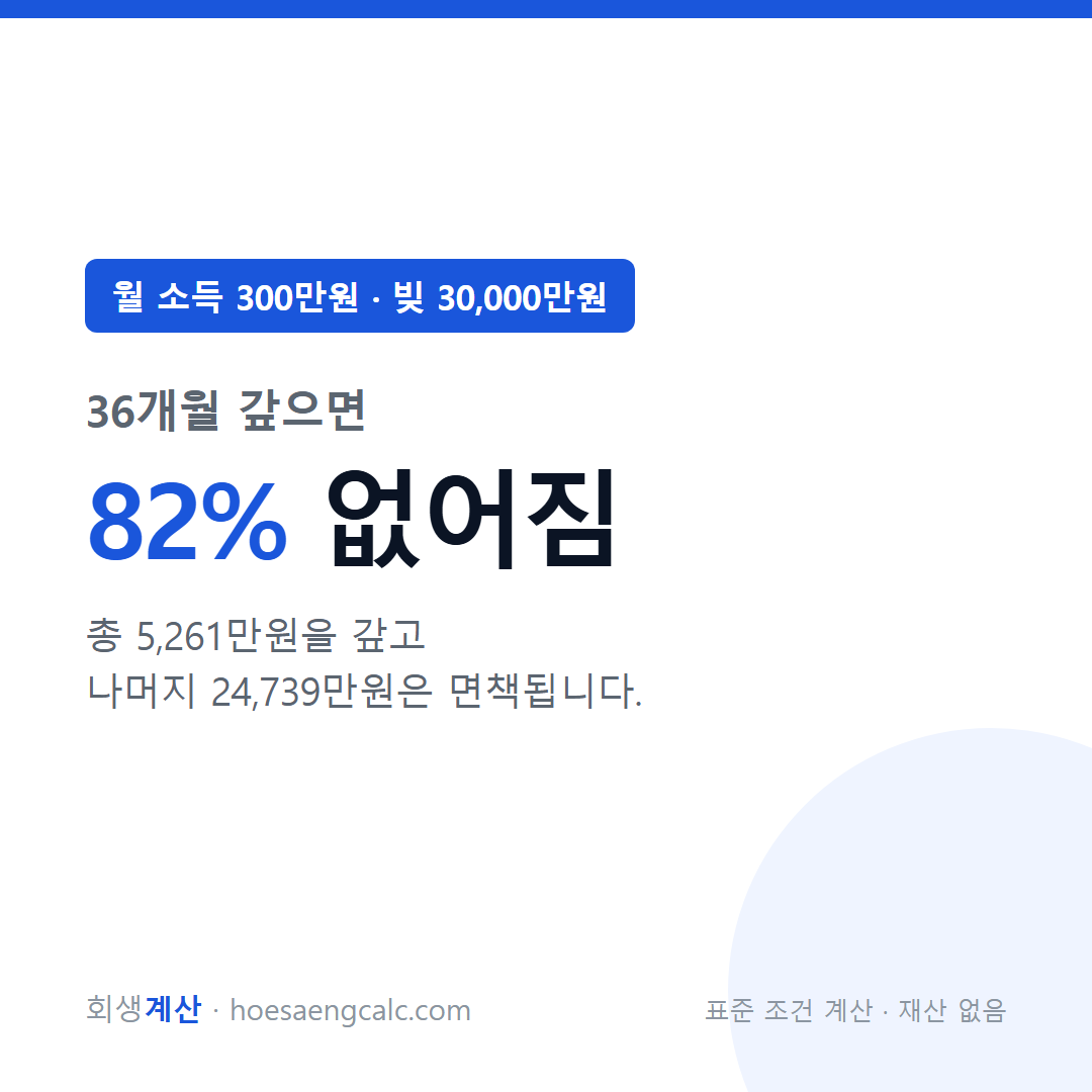 월 소득 300만원 빚 30000만원 개인회생 탕감률 — 표준 조건 계산