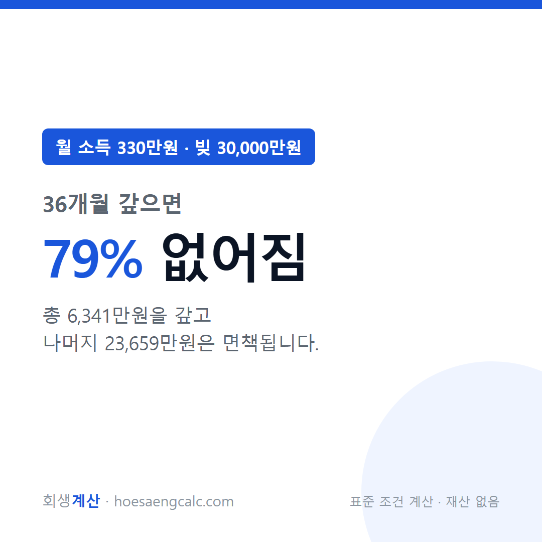 월 소득 330만원 빚 30000만원 개인회생 탕감률 — 표준 조건 계산