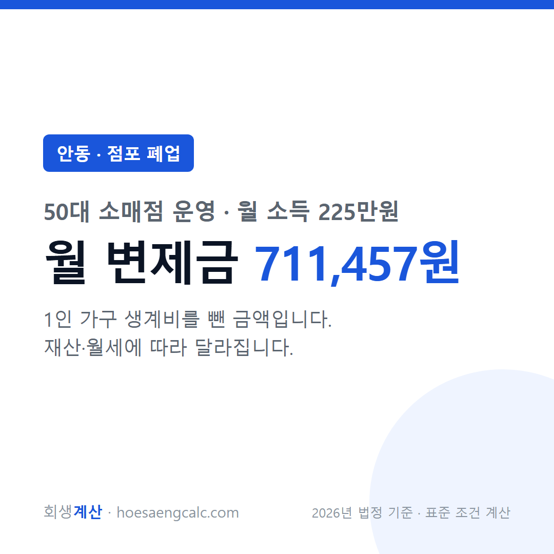안동 점포 폐업 사례 월 변제금 — 50대 소매점 운영 월 소득 225만원 기준
