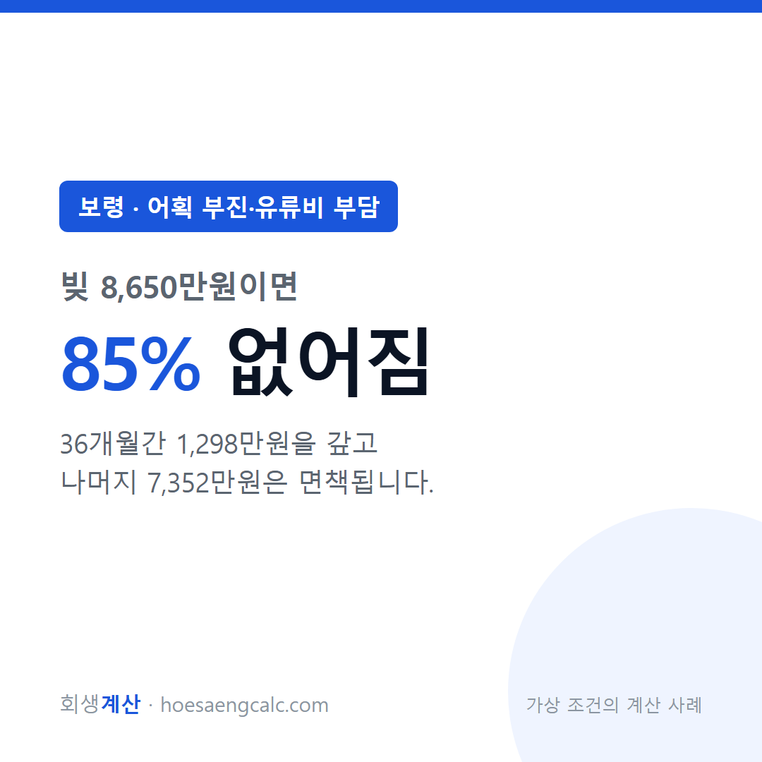 보령 어획 부진·유류비 부담 사례 탕감률 85% — 채무 8,650만원 기준 계산