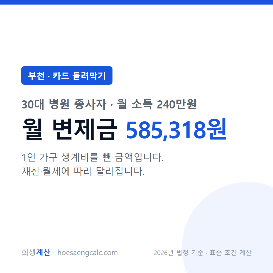 부천 카드 돌려막기 사례 월 변제금 — 30대 병원 종사자 월 소득 240만원 기준
