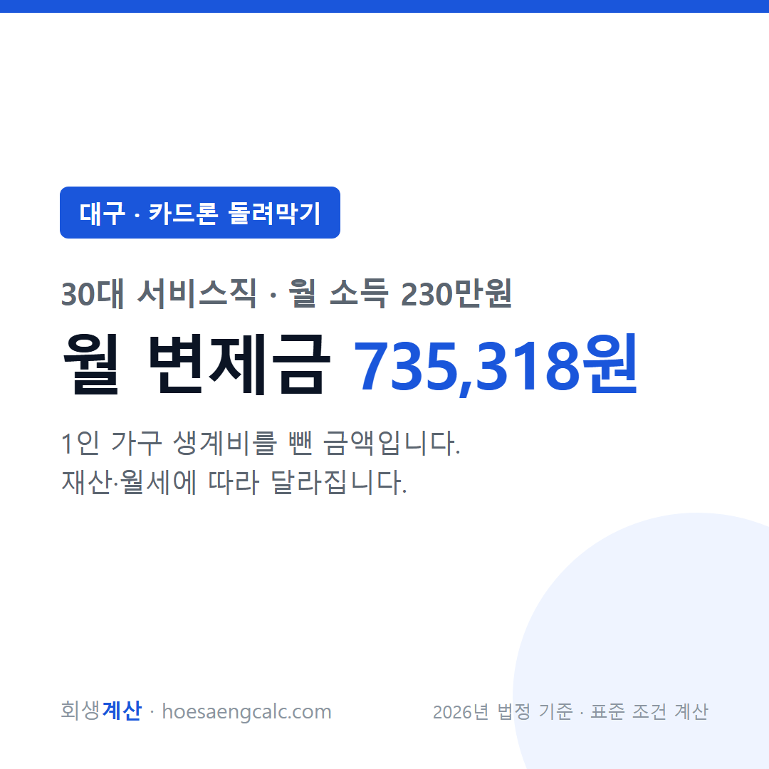 대구 카드론 돌려막기 사례 월 변제금 — 30대 서비스직 월 소득 230만원 기준