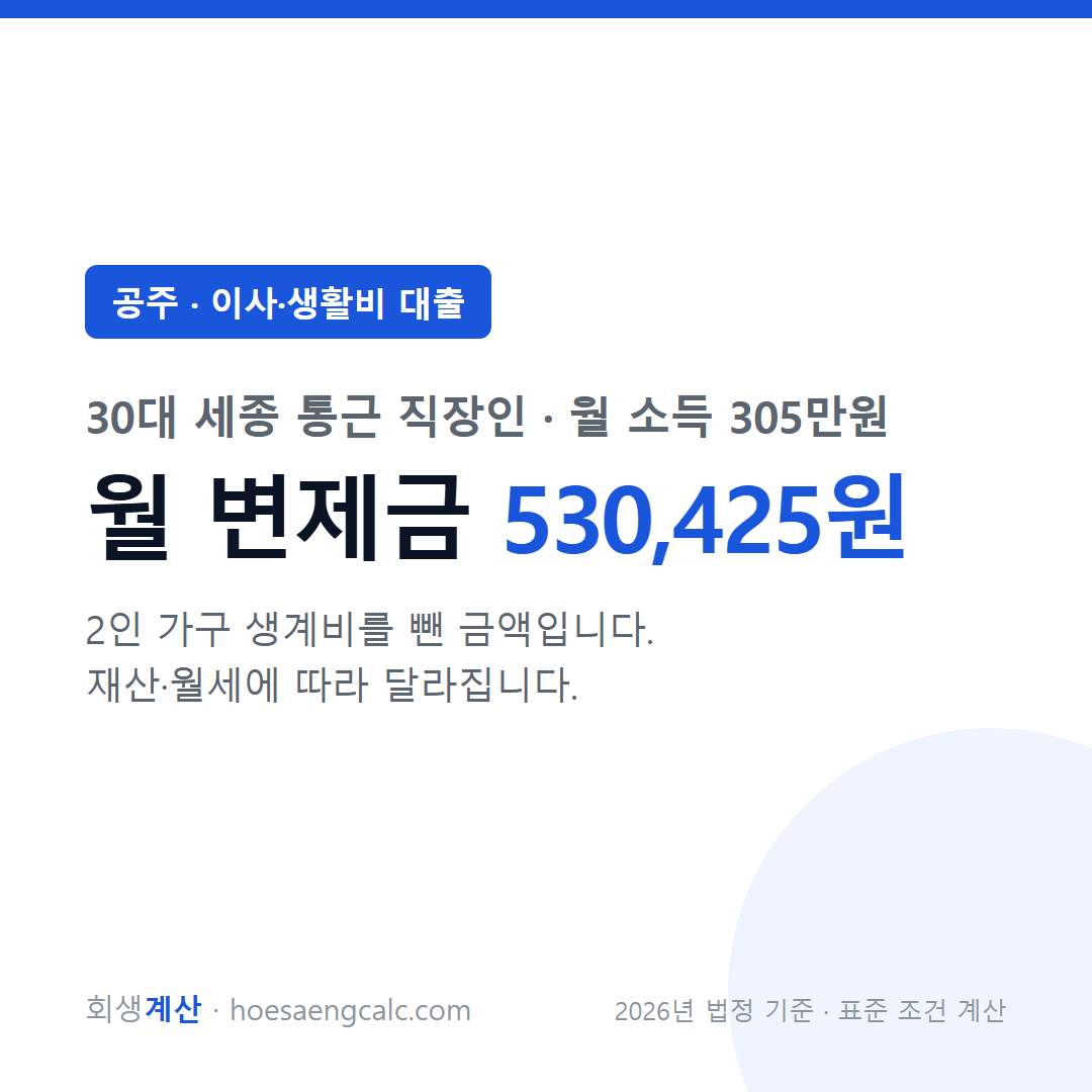 공주 이사·생활비 대출 사례 월 변제금 — 30대 세종 통근 직장인 월 소득 305만원 기준