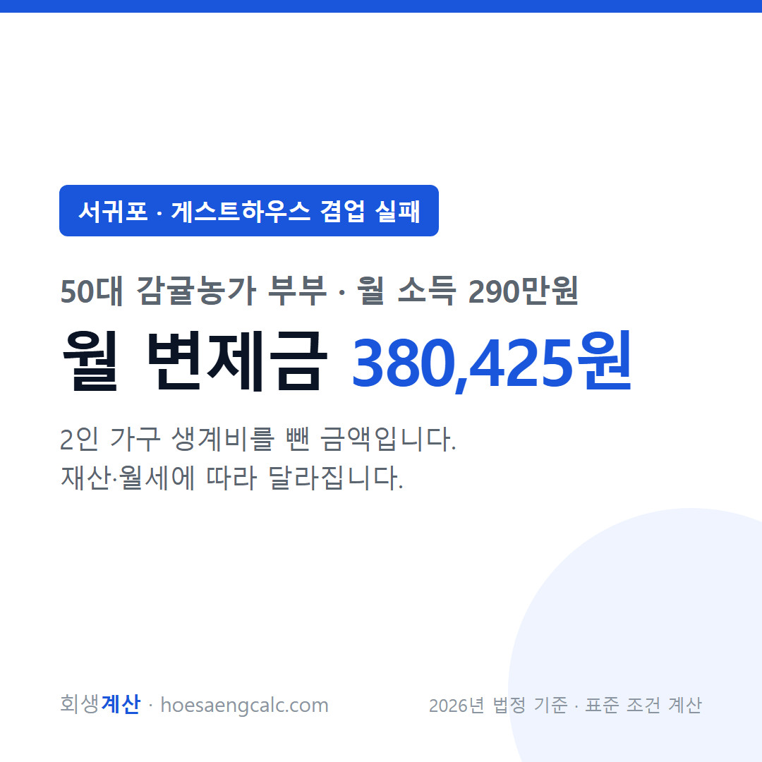 서귀포 게스트하우스 겸업 실패 사례 월 변제금 — 50대 감귤농가 부부 월 소득 290만원 기준