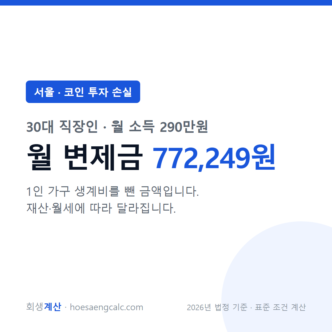 서울 코인 투자 손실 사례 월 변제금 — 30대 직장인 월 소득 290만원 기준