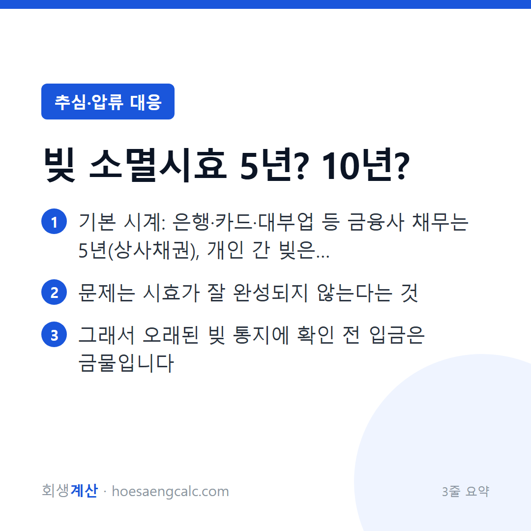 채무 소멸시효 — 몇 년이면 끝나나, 그리고 한 번의 입금이 되살리는 것 — 3줄 요약