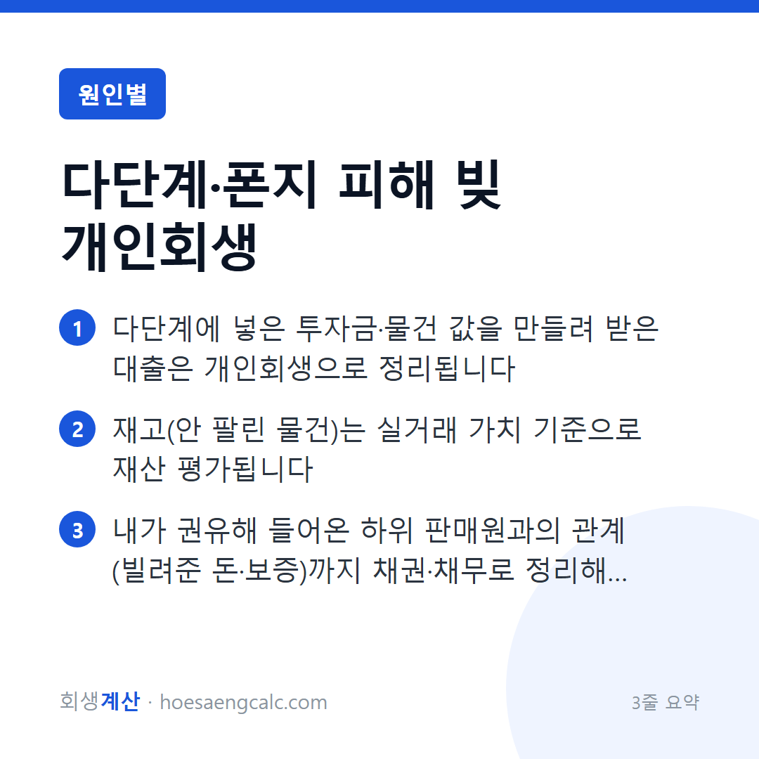 다단계 피해 개인회생 — 물건 값, 후원 투자금, 전부 정리됩니다 — 3줄 요약