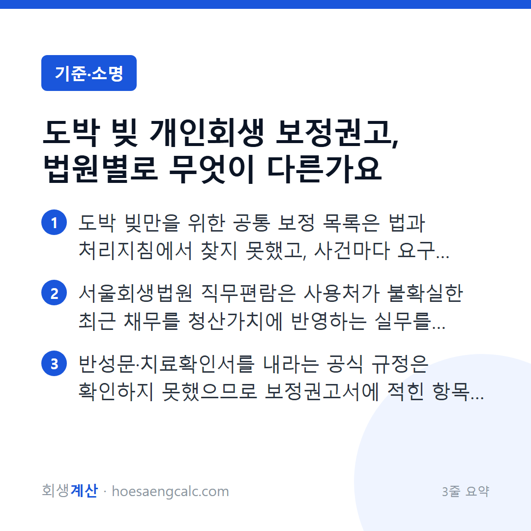 도박 빚 개인회생 보정권고, 법원별로 무엇이 다른가요 — 3줄 요약