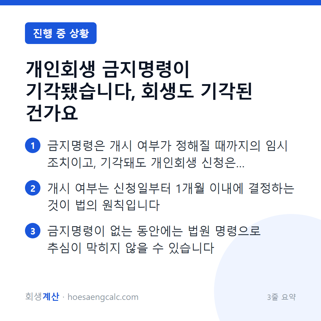 개인회생 금지명령이 기각됐습니다, 회생도 기각된 건가요 — 3줄 요약