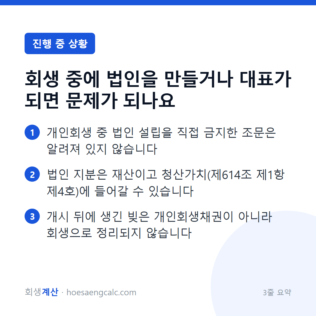 회생 중에 법인을 만들거나 대표가 되면 문제가 되나요 — 3줄 요약