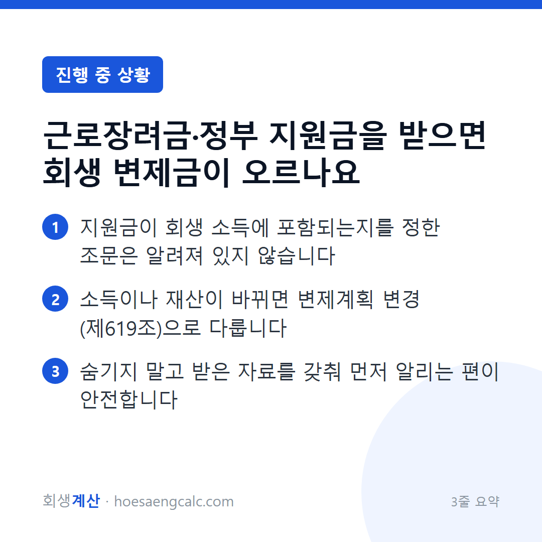 근로장려금·정부 지원금을 받으면 회생 변제금이 오르나요 — 3줄 요약