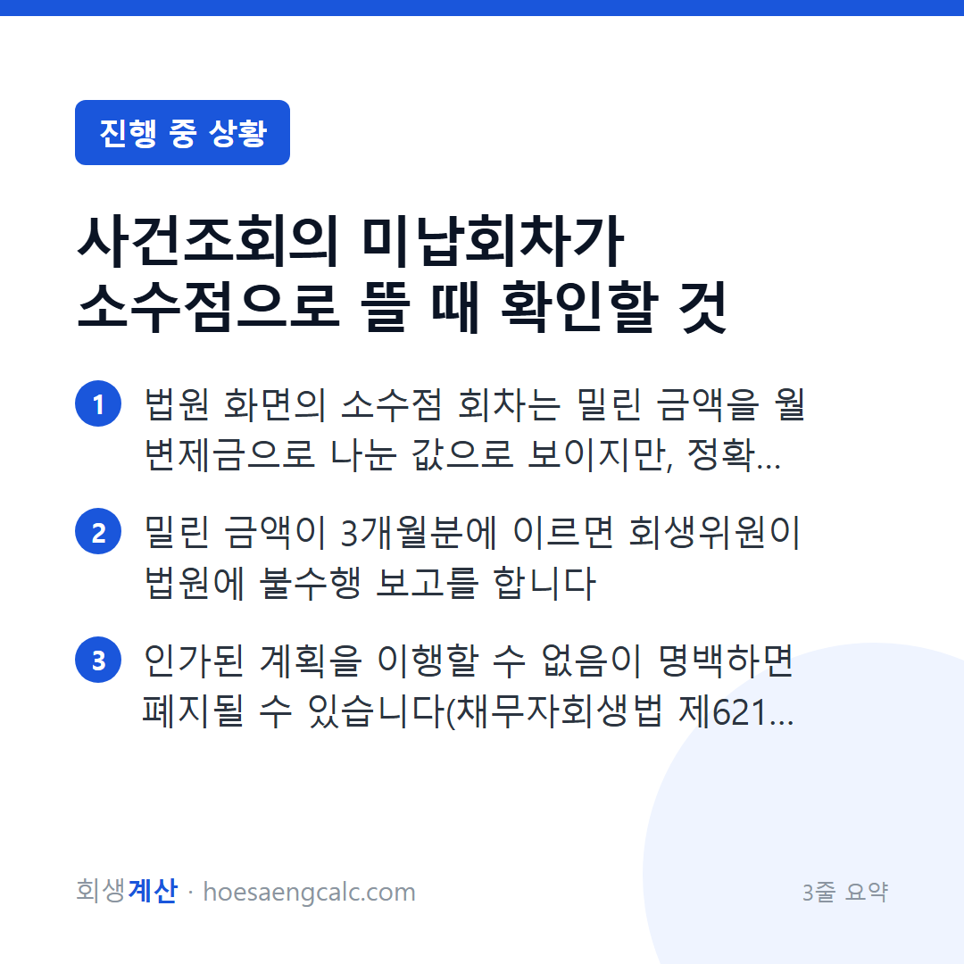 사건조회의 미납회차가 소수점으로 뜰 때 확인할 것 — 3줄 요약