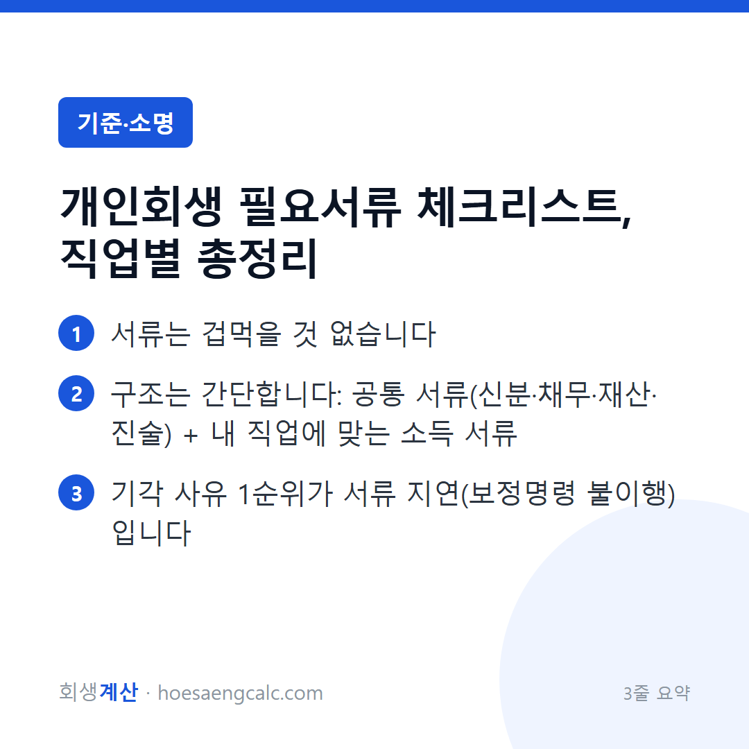 개인회생 필요서류, 이것만 챙기면 됩니다 (직업별 체크리스트) — 3줄 요약