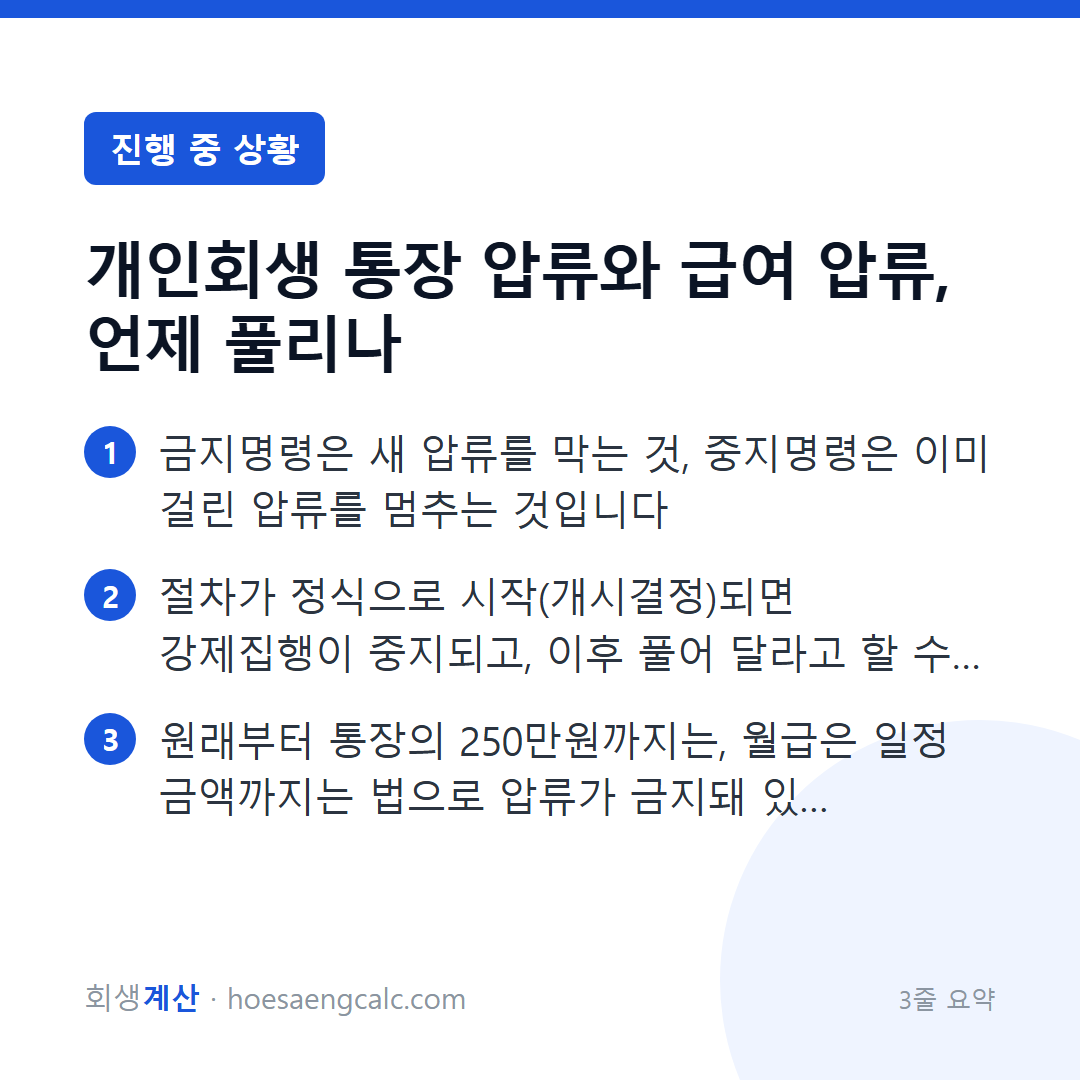 개인회생 통장 압류와 급여 압류, 언제 풀리나 — 3줄 요약