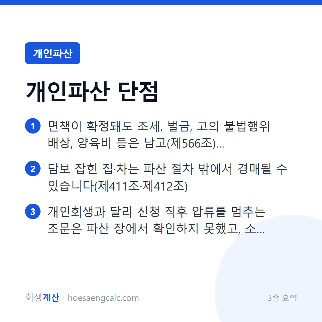 개인파산의 단점, 신청 전에 알아야 할 점 — 압류·보증인·담보·재신청 — 3줄 요약