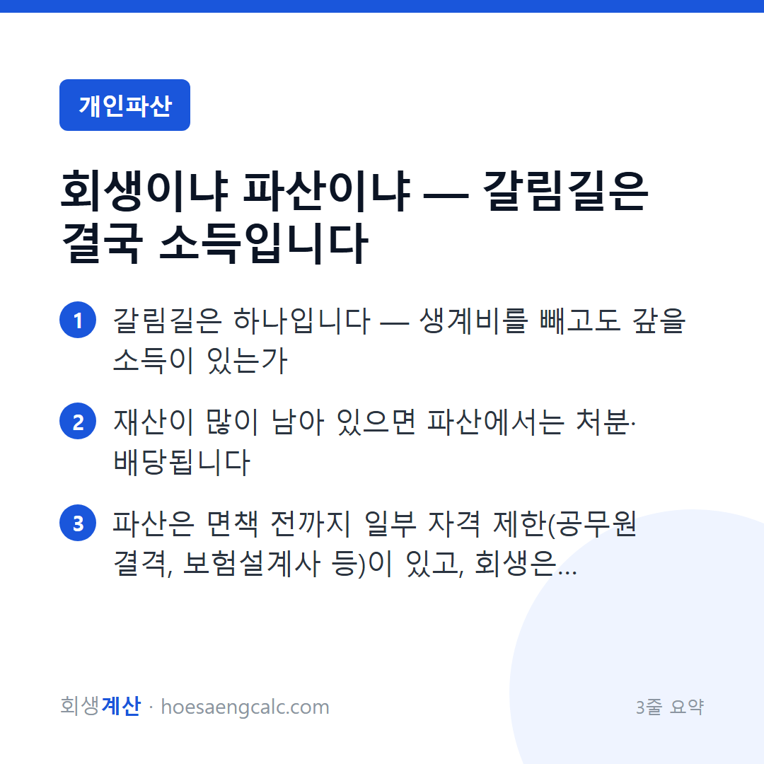 회생이냐 파산이냐 — 갈림길은 결국 소득입니다 — 3줄 요약