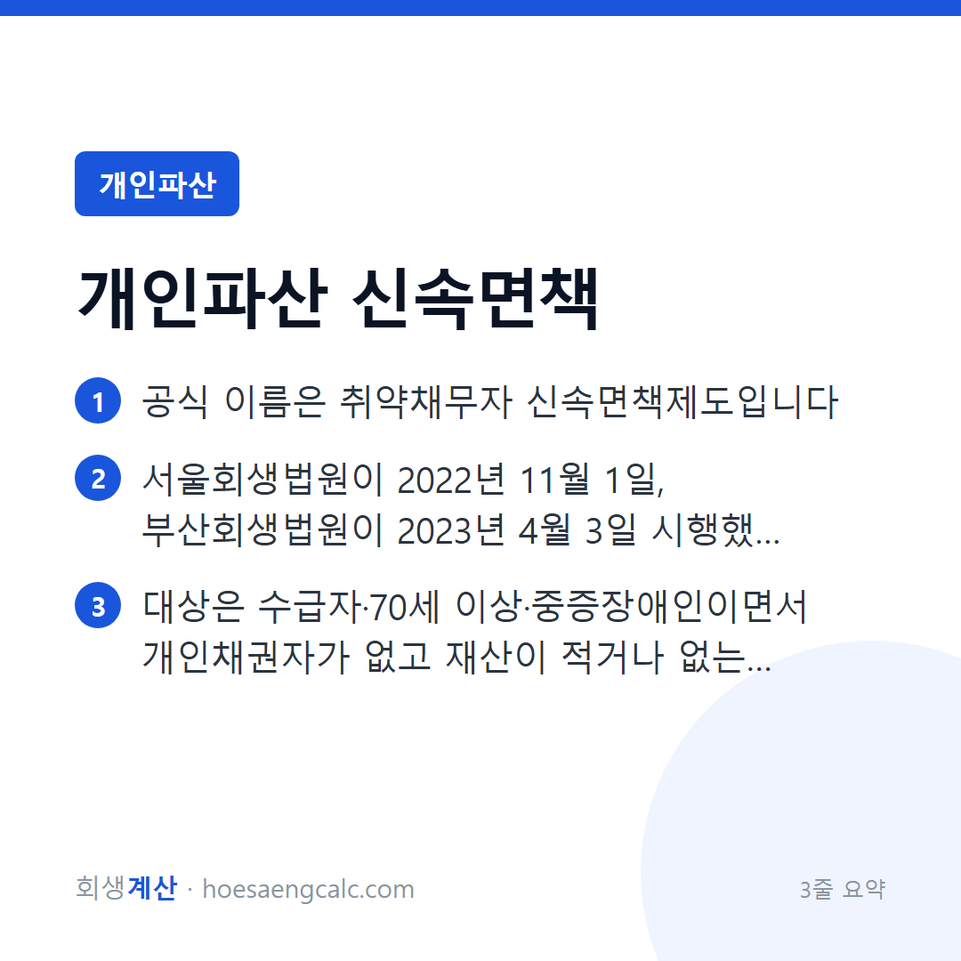 취약채무자 신속면책제도, 누가 어느 법원에서 어떻게 받나요 — 3줄 요약