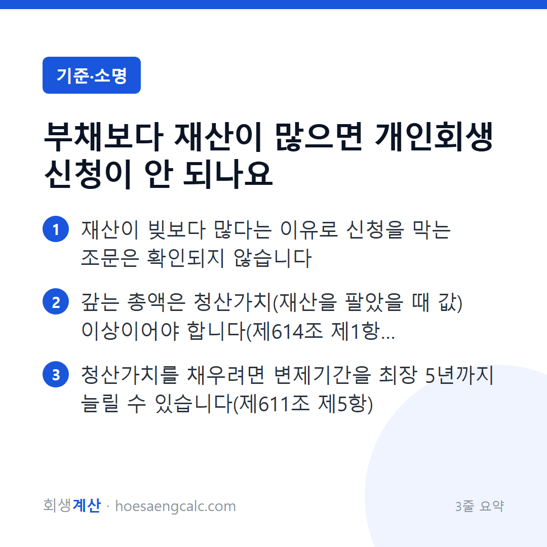 부채보다 재산이 많으면 개인회생 신청이 안 되나요 — 3줄 요약