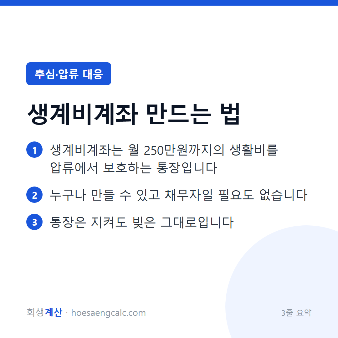 생계비계좌, 월 250만원 압류 안 되는 통장 만드는 법 — 3줄 요약