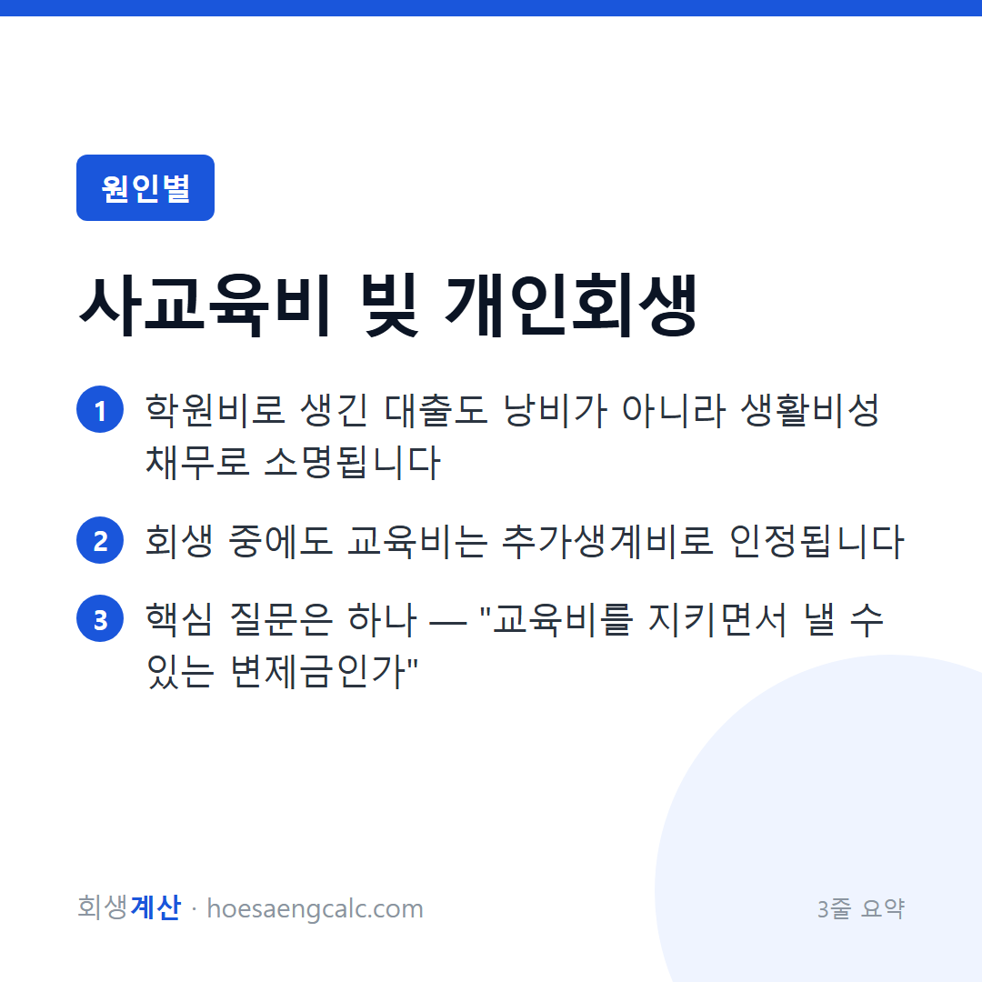 사교육비 대출 개인회생 — 교육비도 인정되는 생계비입니다 — 3줄 요약