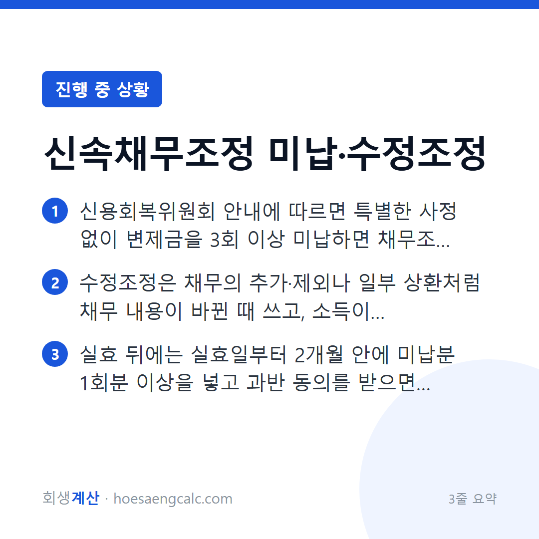 신속채무조정 중 미납하면 어떻게 되나, 수정조정은 언제 쓰나 — 3줄 요약