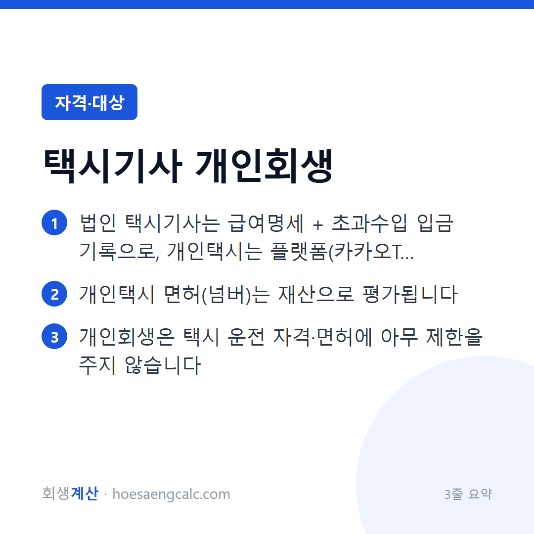 택시기사 개인회생 — 법인·개인택시별 소득 소명과 면허 문제 — 3줄 요약