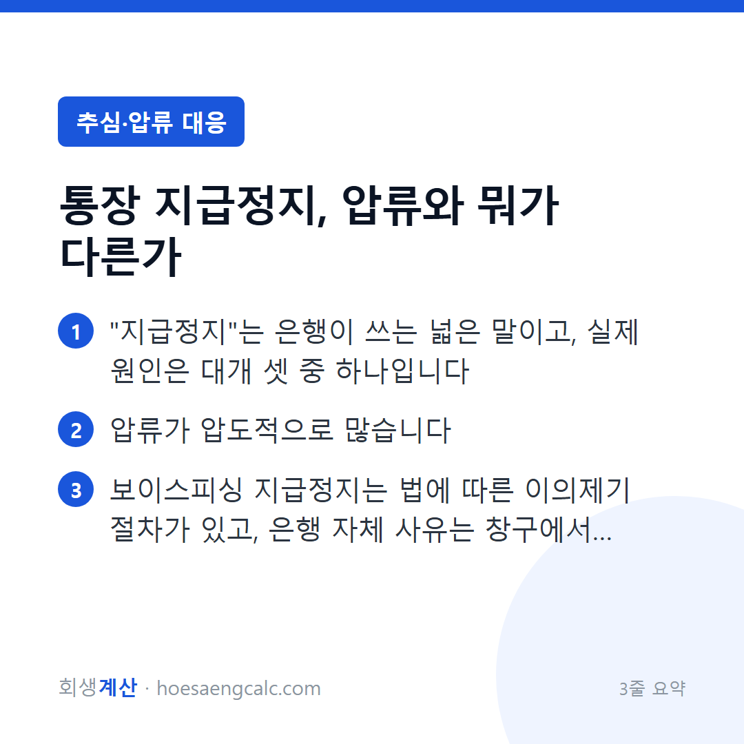 통장 지급정지 — 압류인지 아닌지부터 확인하고, 사유별로 푸는 법 — 3줄 요약