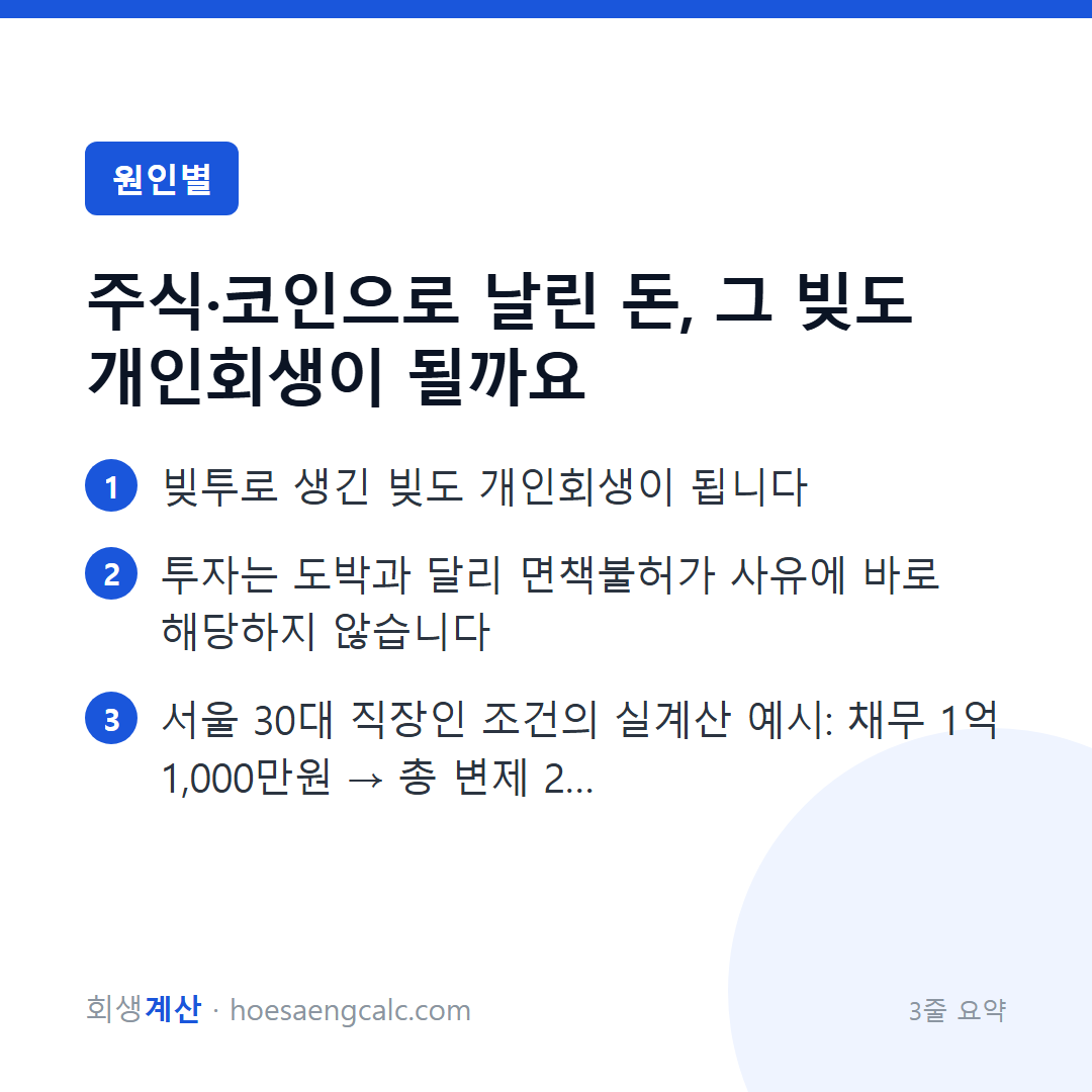 주식·코인으로 날린 돈, 그 빚도 개인회생이 될까요 — 3줄 요약