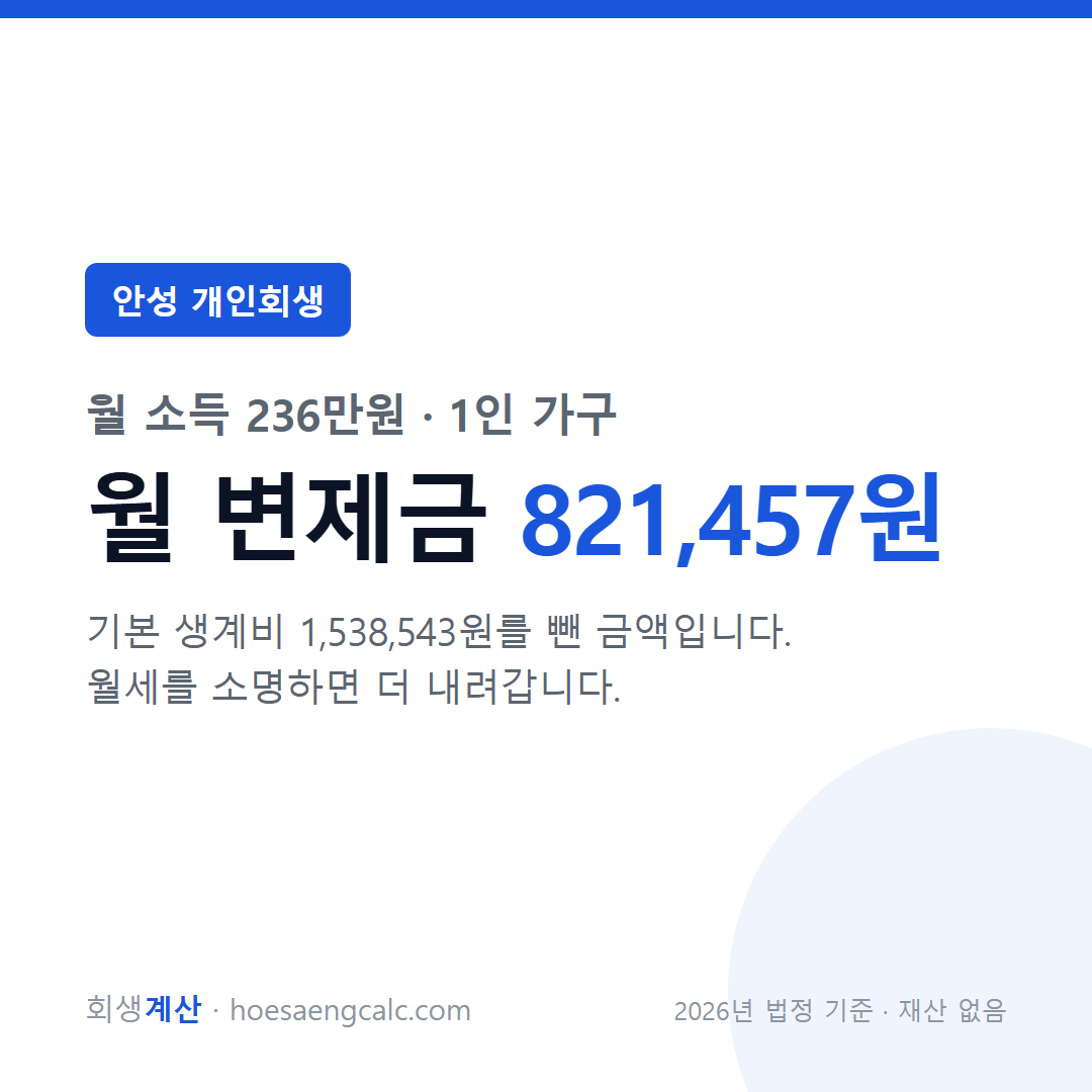 안성 개인회생 월 변제금 — 월 소득 236만원 1인 가구 기준